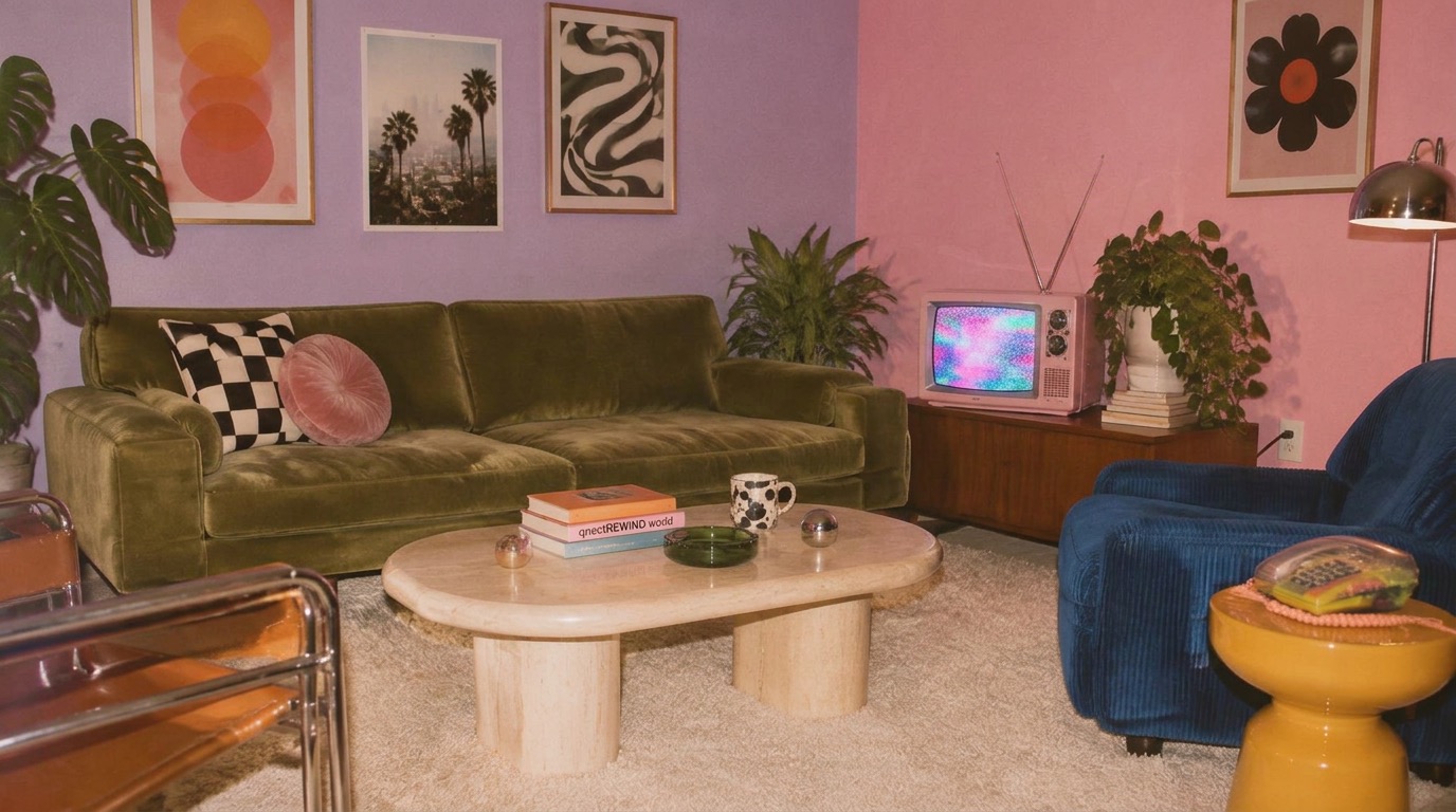 An 80s living room with a green velvet sofa, a blue armchair and a small pink TV
